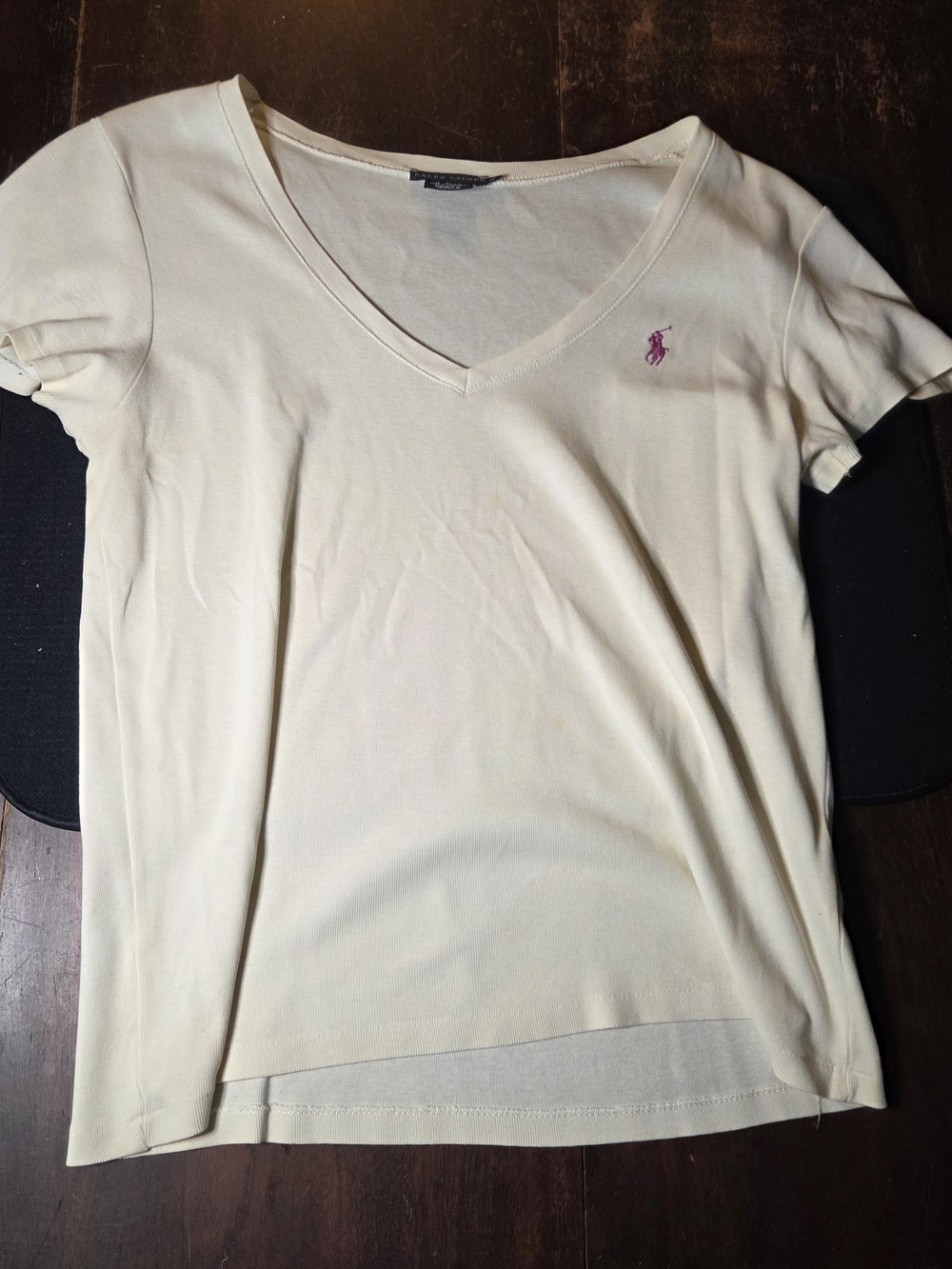 Ralph Lauren Women's V-Neck Short Sleeve Tee - Pale Yellow with Pink Pony